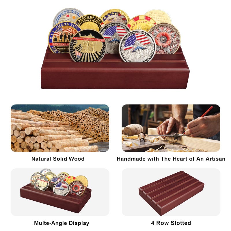 ASmileIndeep Small Military Challenge Coins Display Holder Solid Wood,Challenge Coin Stand Holds 10-12 Coins ,4 Row Coin Holder Rack for Desk, Challenge Coin Display Case ,Red Finish - Image 2